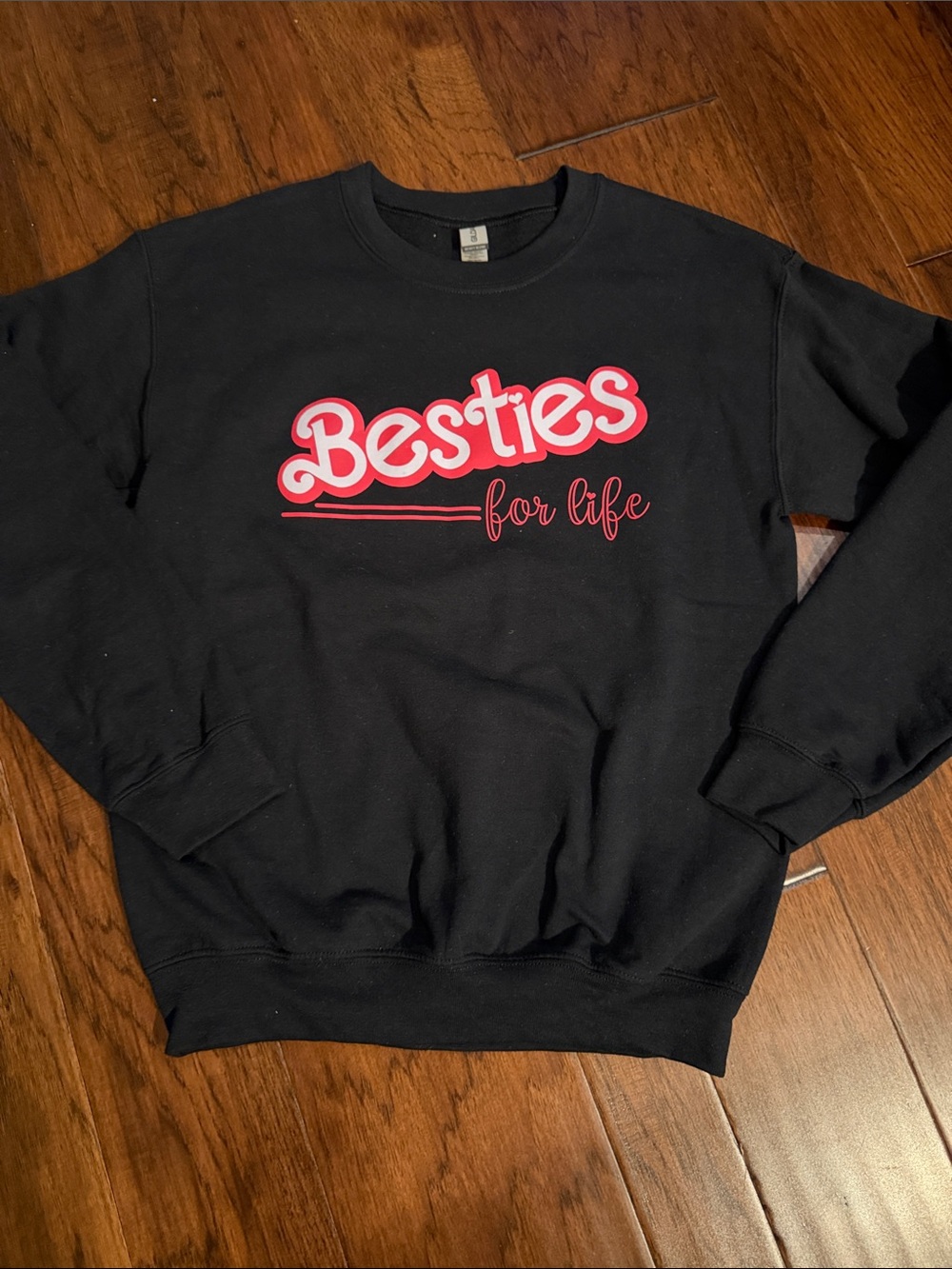 Gildan Black Crew Sweatshirt with Red & White "Besties" Script
